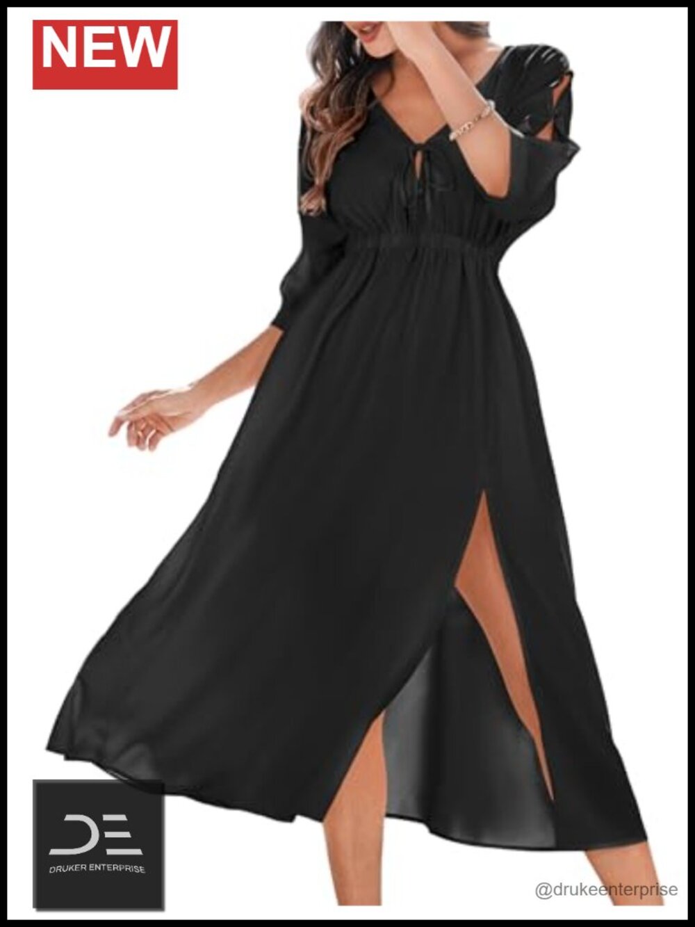 Flowy Summer Midi Dress V-Neck Batwing Half Sleeve with Pockets